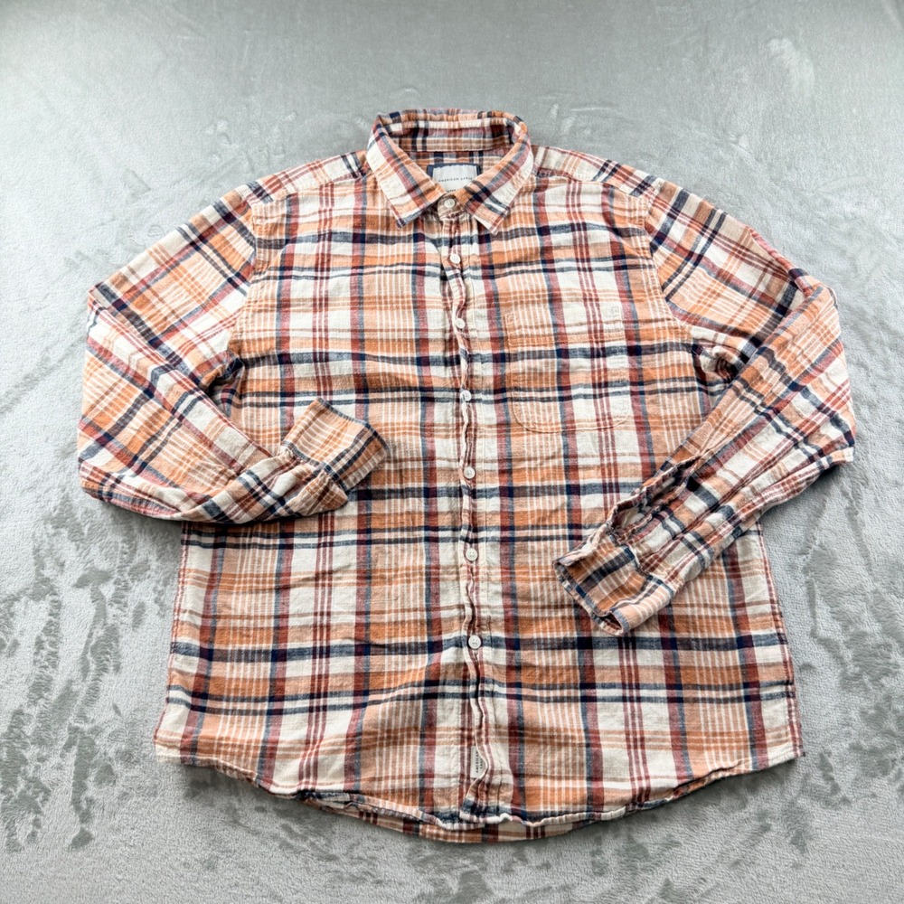 American Eagle Super Soft Flannel Shirt Men's Medium Orange Plaid Button Down